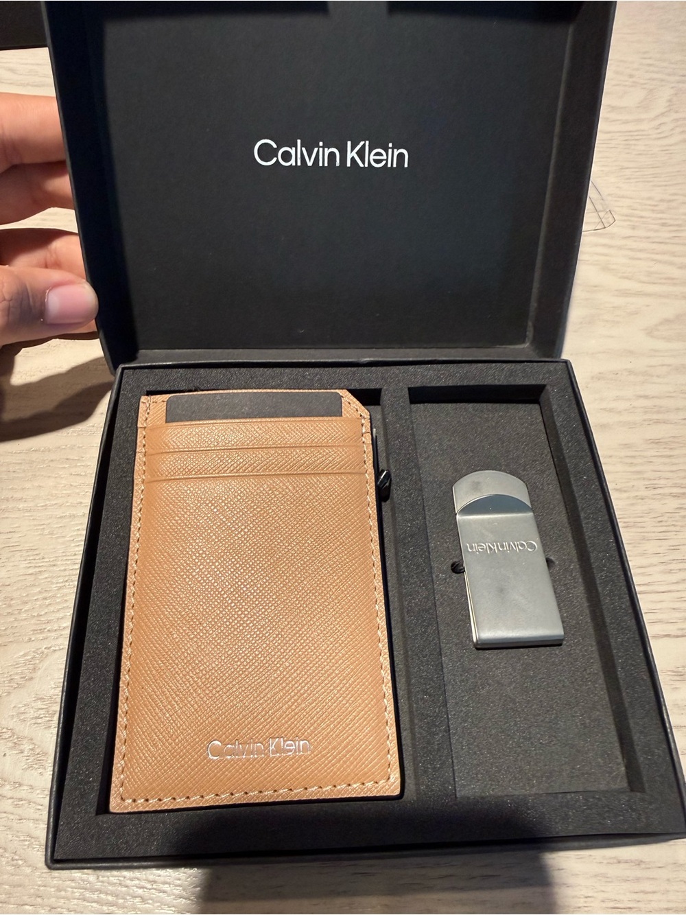 Calvin Klein Leather Card & Money Clip Set in Tan and Silver